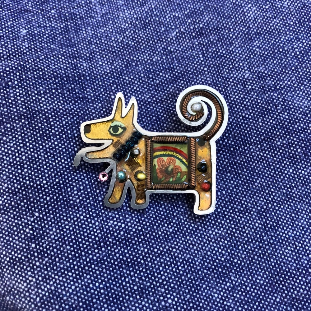 Seeka Dog Pin Art Deco Beaded Jewels Brooch Style Puppy Flowers Yellow Tone